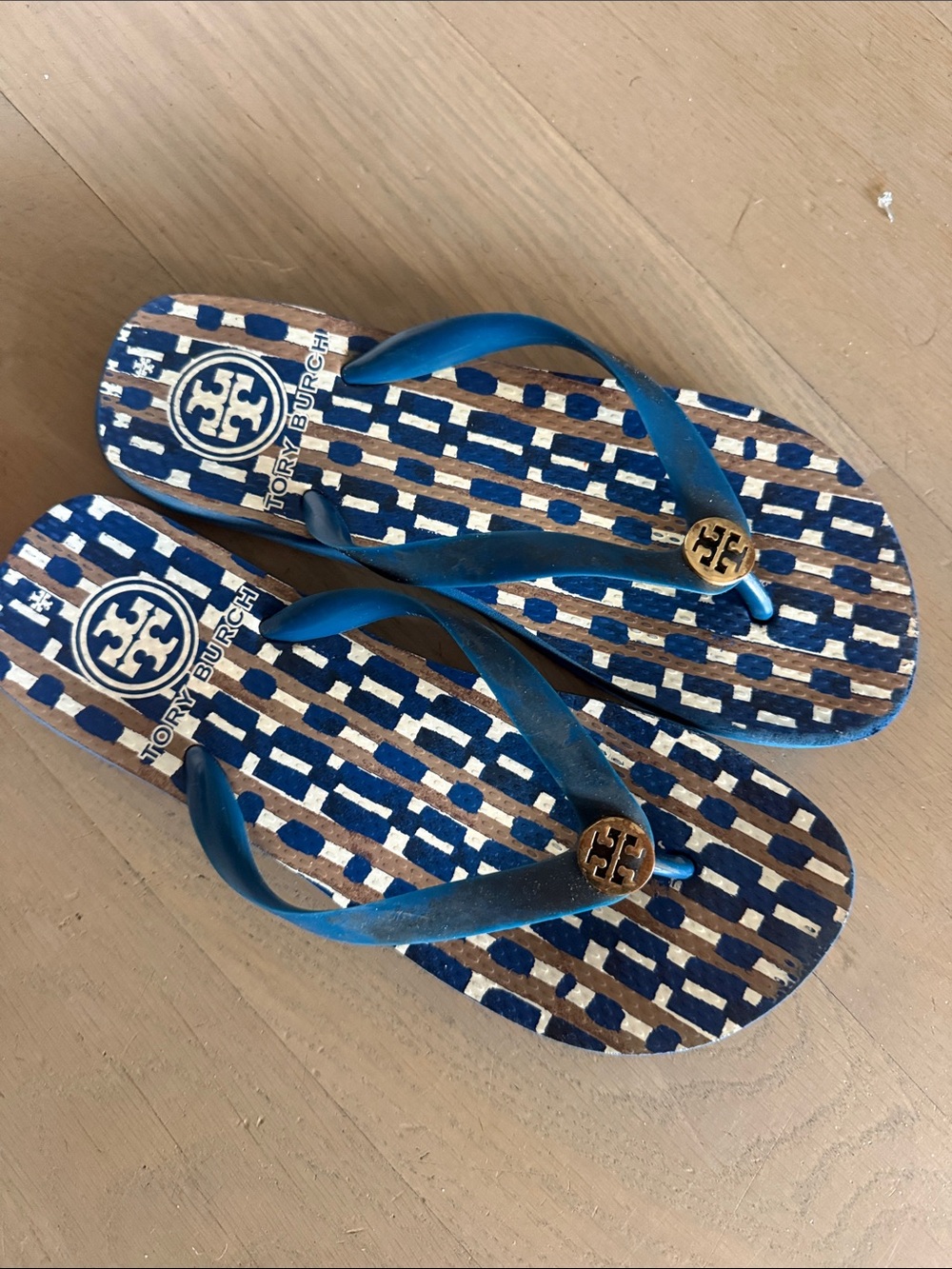Tory Burch Blue and Brown Patterned Logo Flip Flop Sandals size 8